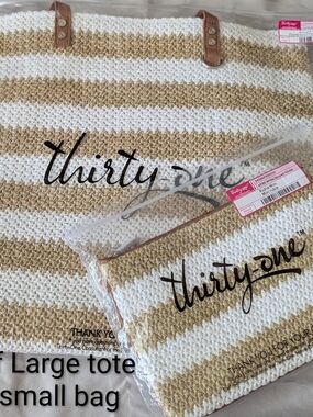 Thirty-One Striped Crochet Style Tote & Pouch Set in White & Straw, BNWT